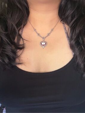 Silver Heart Pendant Necklace Red Enamel and Butterfly Pendant Gothic Medieval